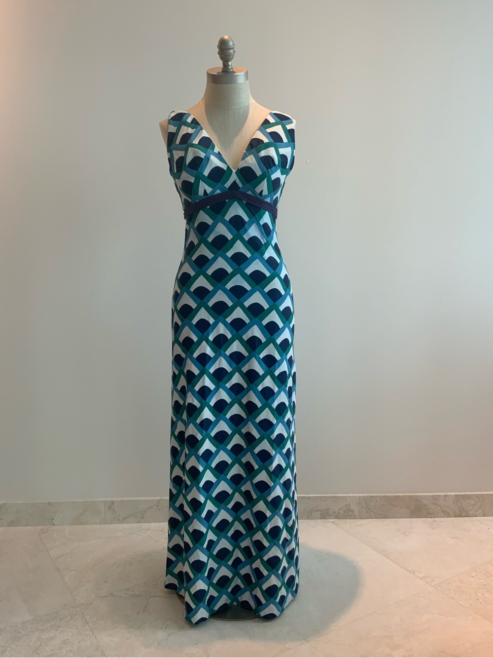 Vtg 70’s Sleeveless V-Neck Geometric Print Maxi Dress in Teal/Navy sz SM